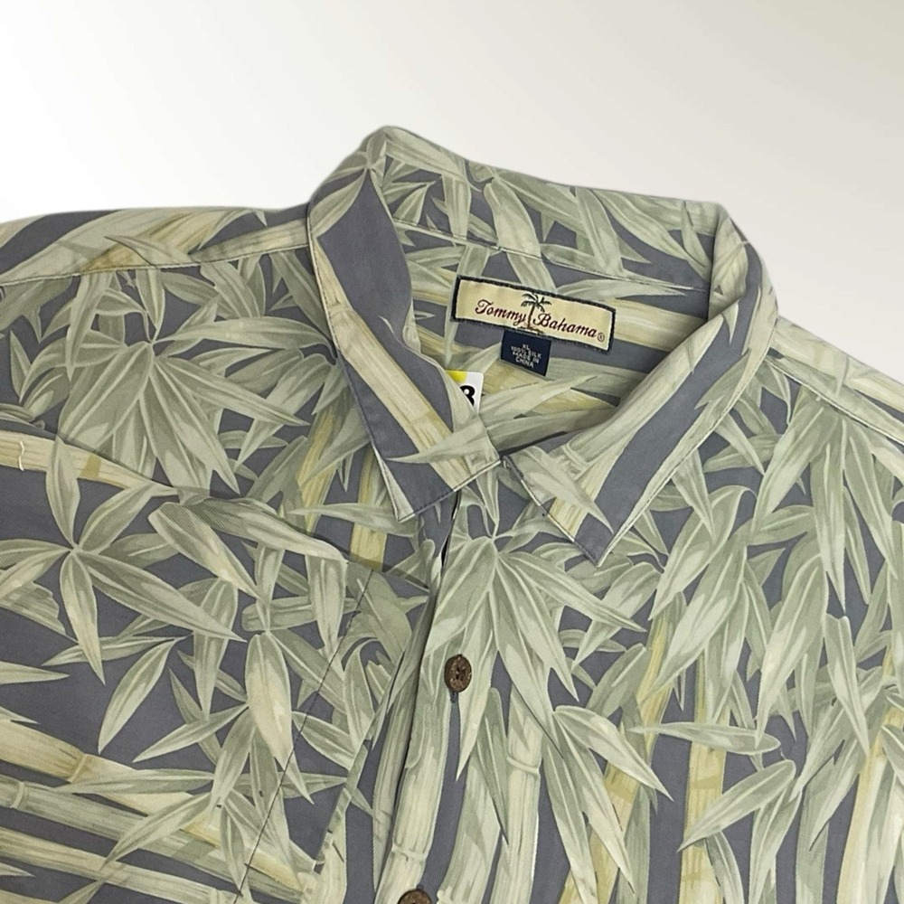 Tommy Bahama‎ Hawaiian Shirt XL 100% Silk  Floral Bamboo Print Yellow Green